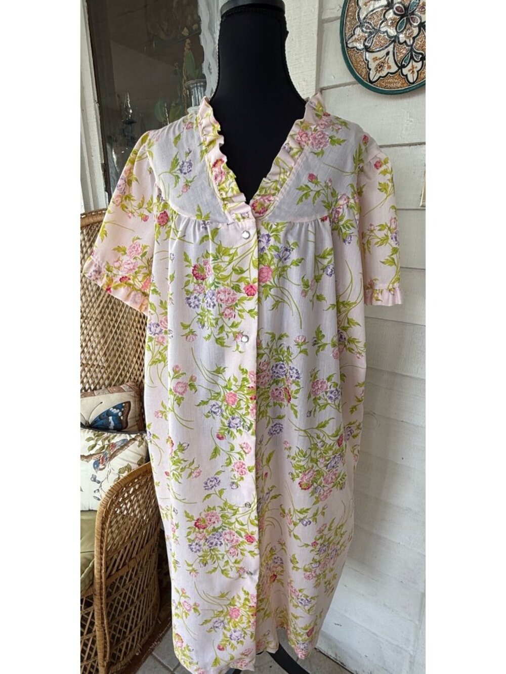 VIntage 60s Katz Pink Floral House Dress Pearl Snaps Size XL cotton Blend